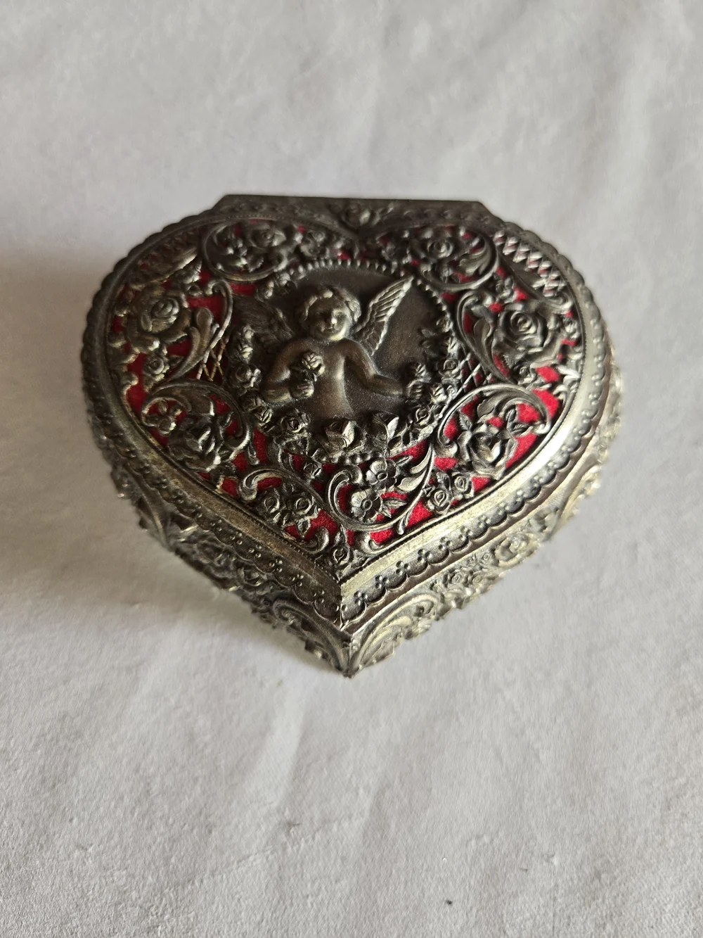 Ornate Heart-Shaped Trinket Box - Cherub and Roses with Red Lining